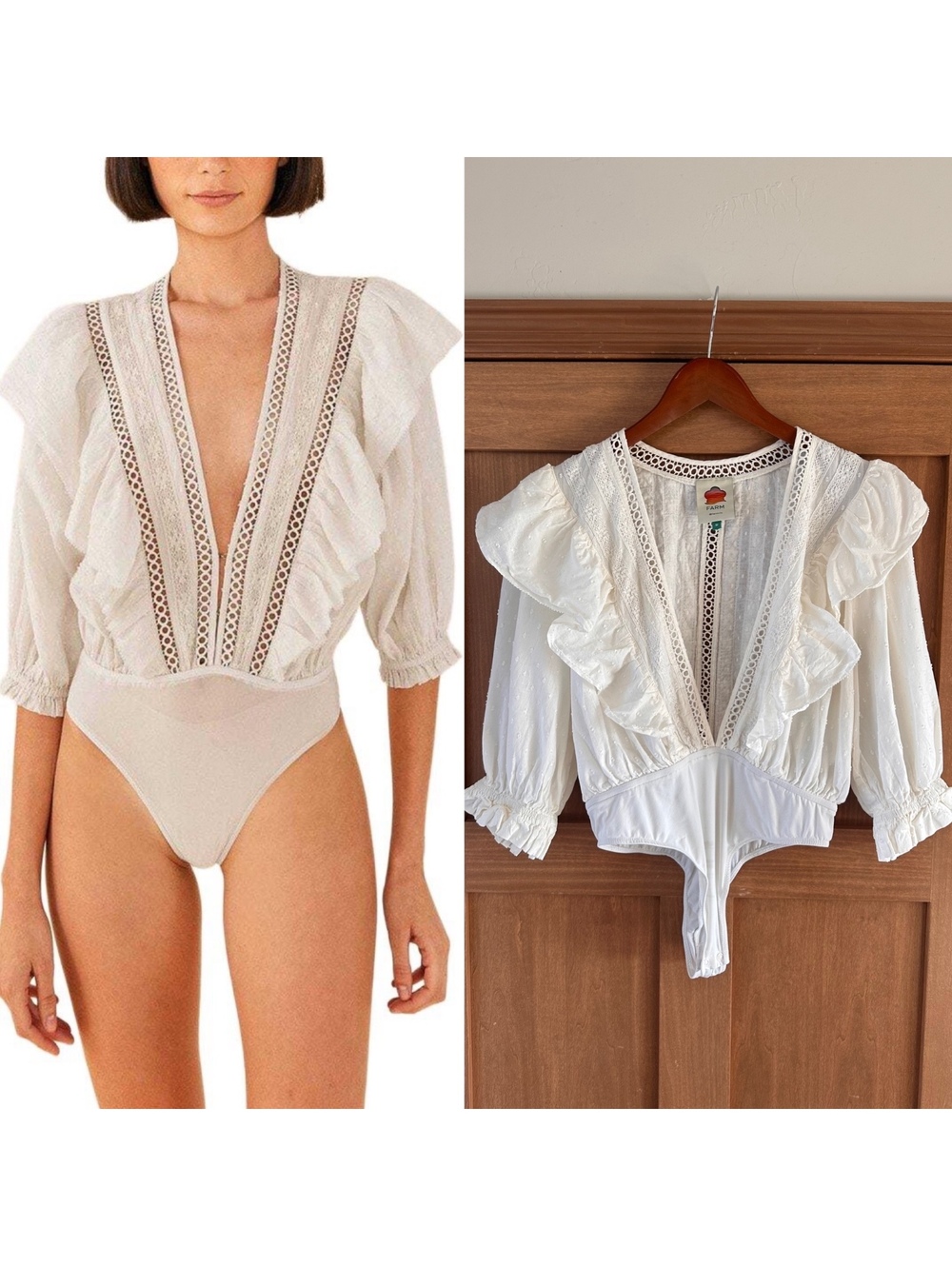Farm Rio Swiss Dot Ruffle Lace 3/4 Sleeve Bodysuit Ivory Women’s Medium